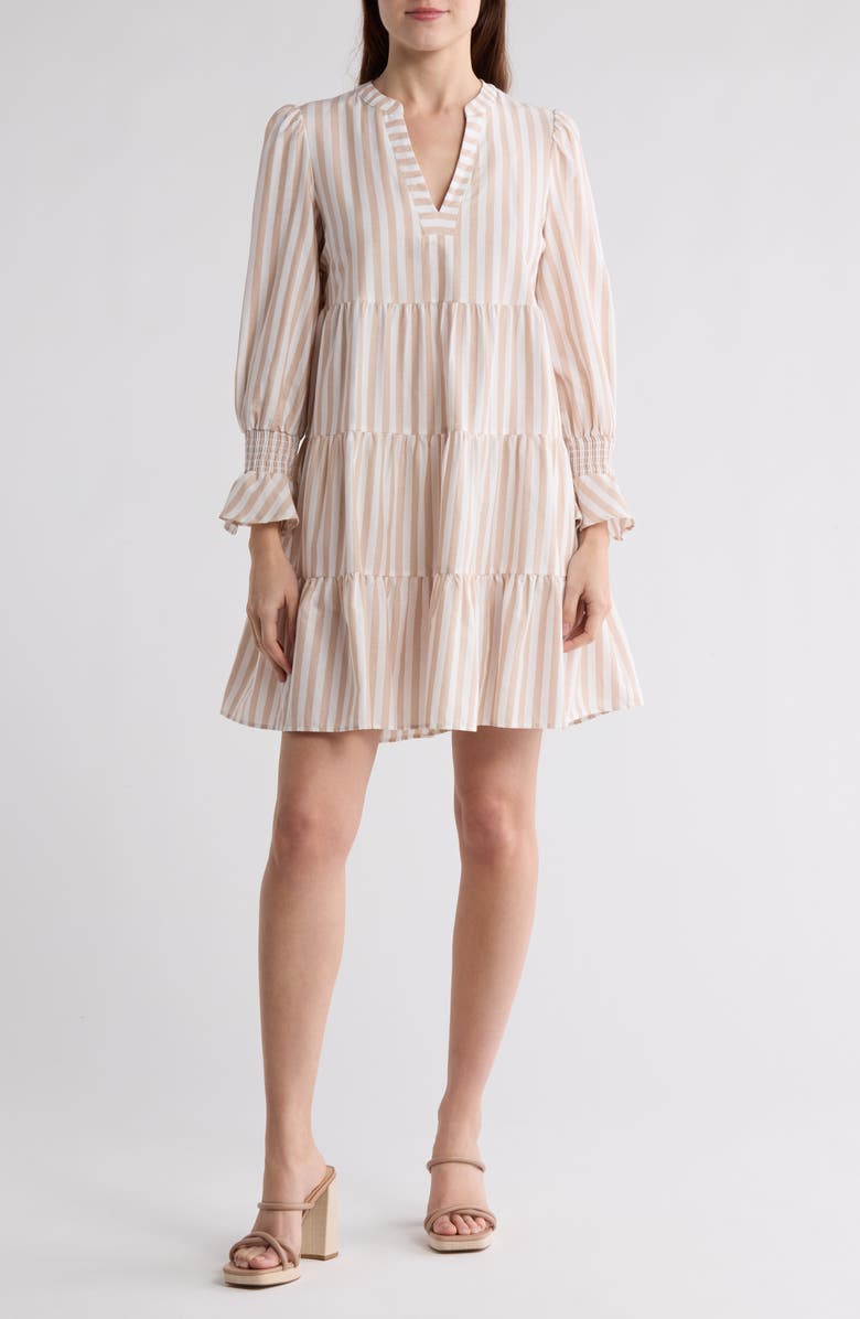 Eliza J Stripe Long Sleeve Tiered Cotton Dress, Main, color,