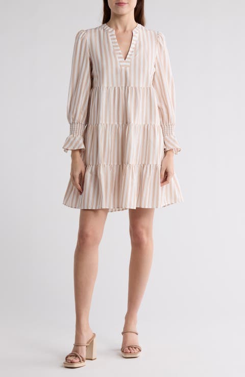 Stripe Long Sleeve Tiered Cotton Dress