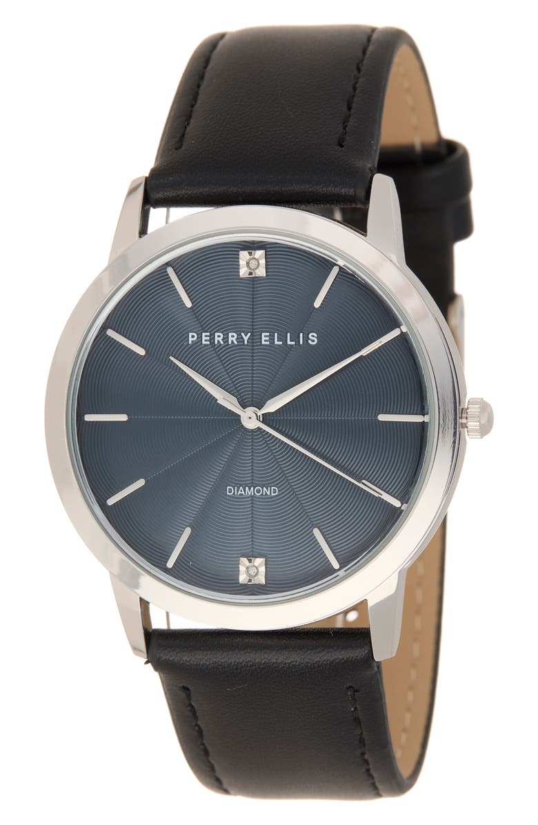 Perry Ellis Diamond Ultra Thin Faux Leather Strap Watch, 40mm, Main, color, Silver
