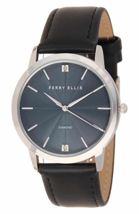 Perry Ellis Diamond Ultra Thin Faux Leather Strap Watch, 40mm