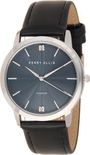 Perry Ellis Diamond Ultra Thin Faux Leather Strap Watch, 40mm