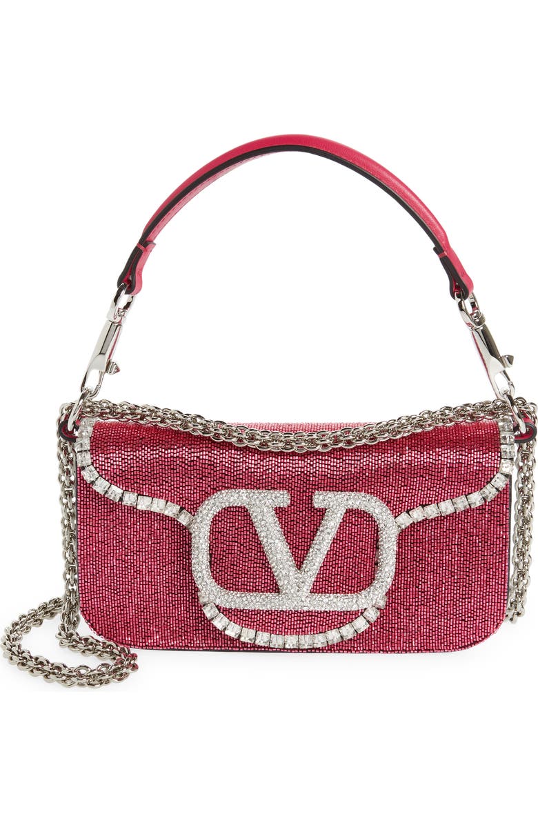 Valentino Garavani Locò Crystal Embellished Beaded Shoulder Bag, Main, color, Crystal Magenta/ Silver/ Pink