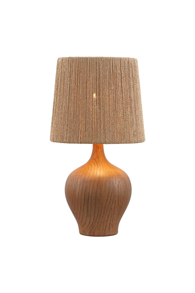 Eben Farmhouse Resin/Metal Gourd LED Table Lamp with Paper Rope Shade, Main, color, Brown Wood Finish