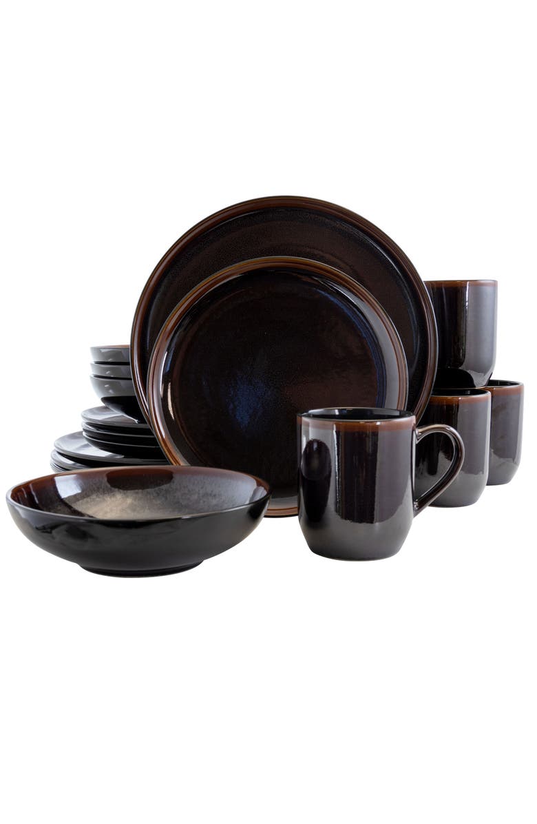 Elama Midnight Beach 16 Piece Dinnerware Set, Main, color, Black