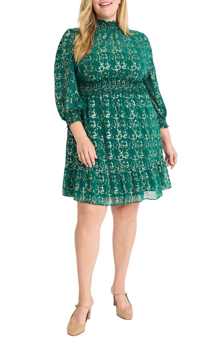 Maggy London Puff Sleeve Smocked Fit & Flare Dress, Main, color, Green/ Gold