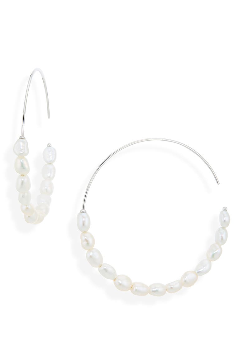 Maisie Cultured Pearl C-Hoop Earrings, Main, color, RHODIUM