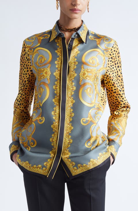 Formal Cheetah Barocco Print Silk Button-Up Shirt