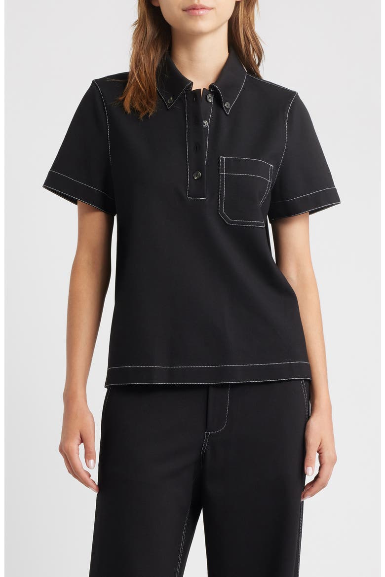 Irina Contrast Stitch Button-Down Polo, Main, color, BLACK