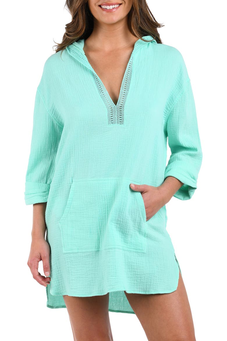 Hooded Cotton Gauze Cover-Up Tunic, Main, color, SEABREEZE