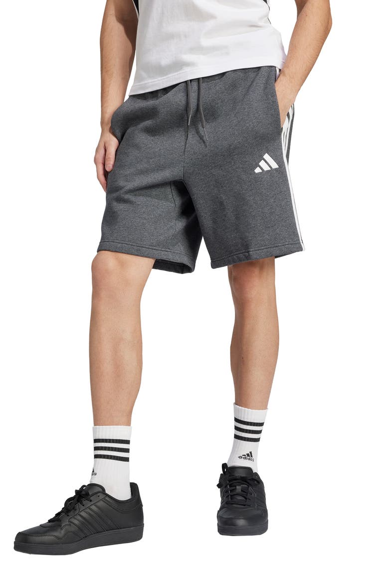 Essential 3-Stripes Fleece Shorts, Main, color, MEDIUM GREY HEATHER/ BLACK