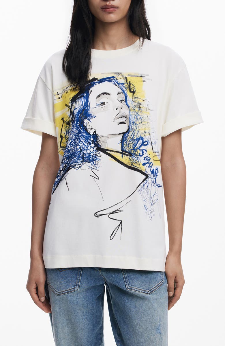 Desigual Doodle Face Cotton Graphic T-Shirt, Main, color, White