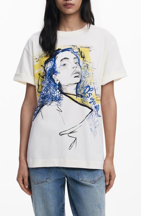 Doodle Face Cotton Graphic T-Shirt