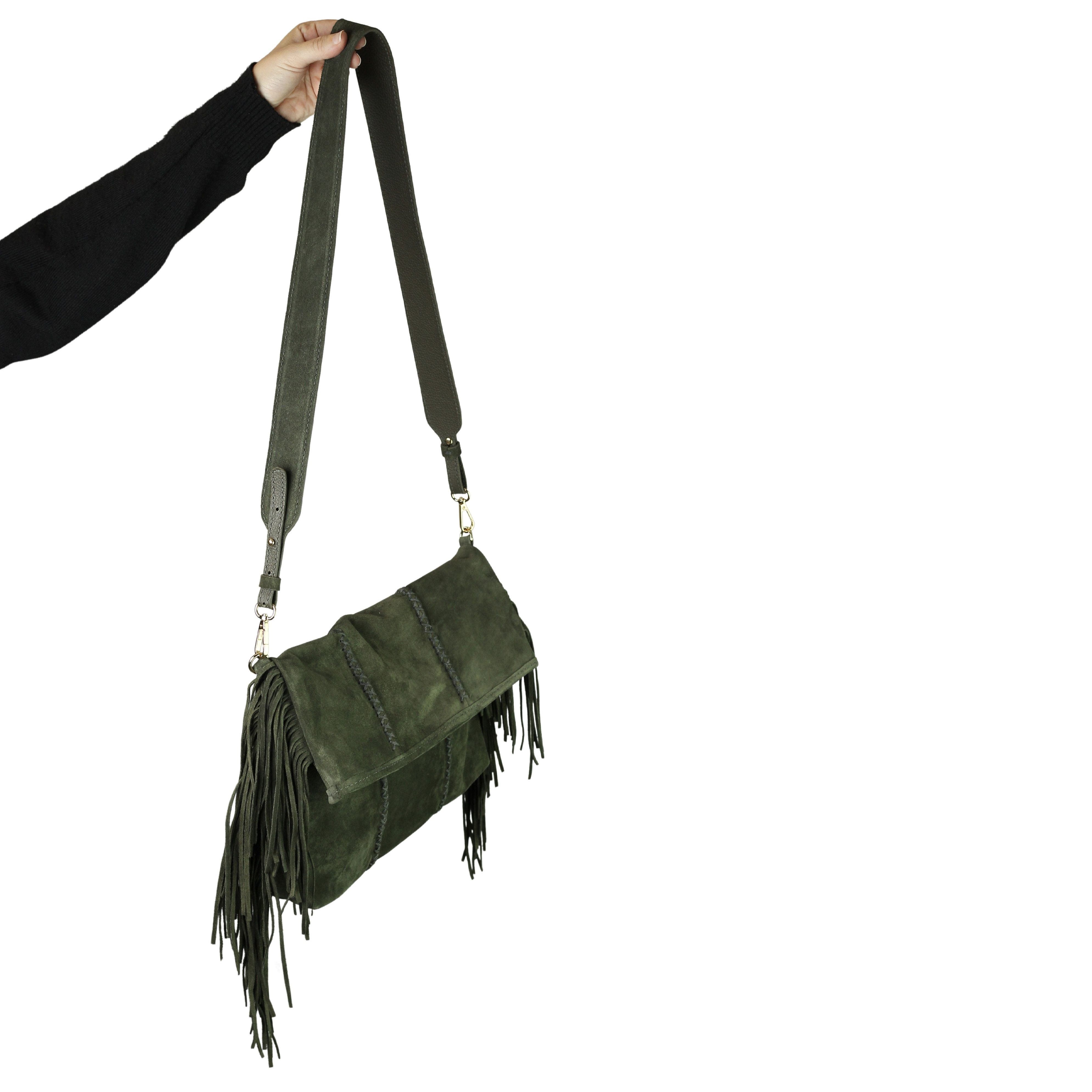 Medium Fringe Suede Crossbody Messenger, Alternate, color, Olive