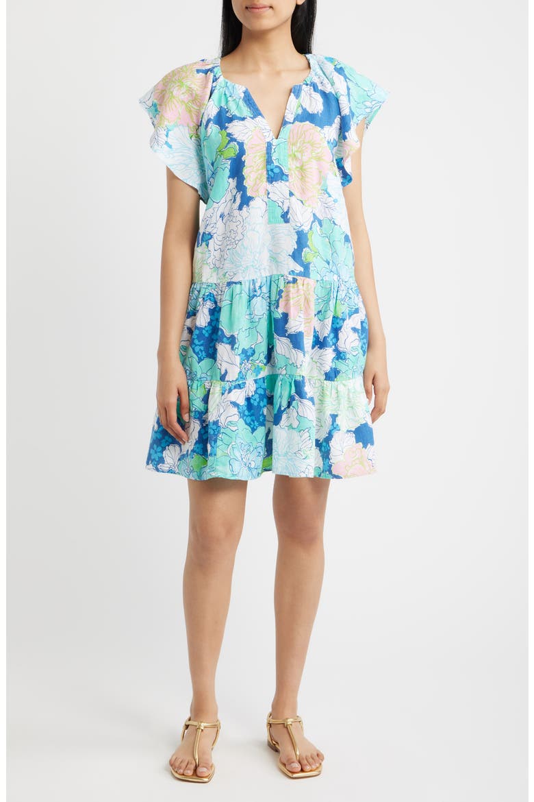 Norella Print Ruffle Linen Dress, Main, color, STARLIGHT NAVY