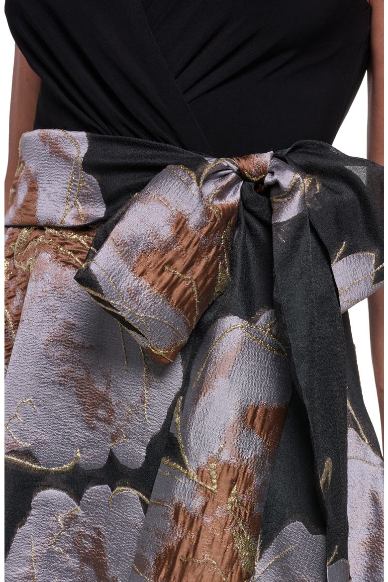 Metallic Floral Jacquard Mixed Media Ball Gown, Alternate, color, BLACK GREY