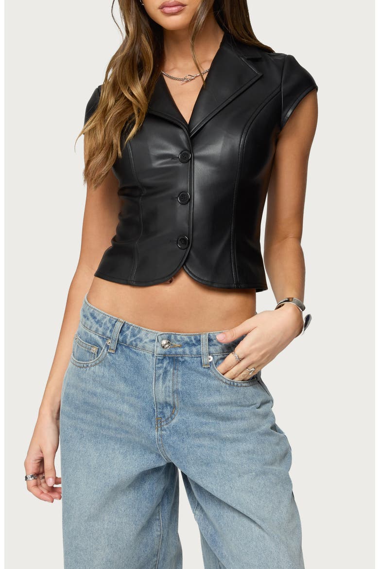 Tailored Faux Leather Short Sleeve Button-Up Shirt, Main, color, BLACK