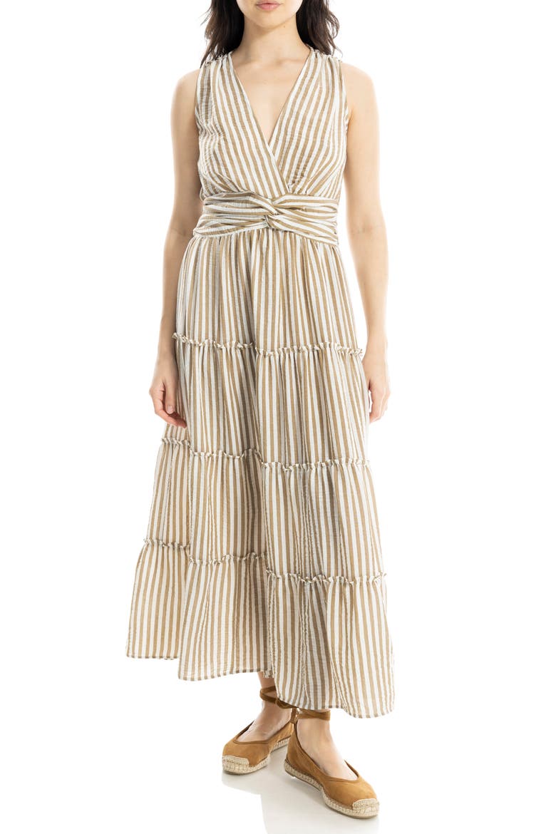 Knotted Tiered Maxi Dress, Main, color, BEIGE/ WHITE STRIPE