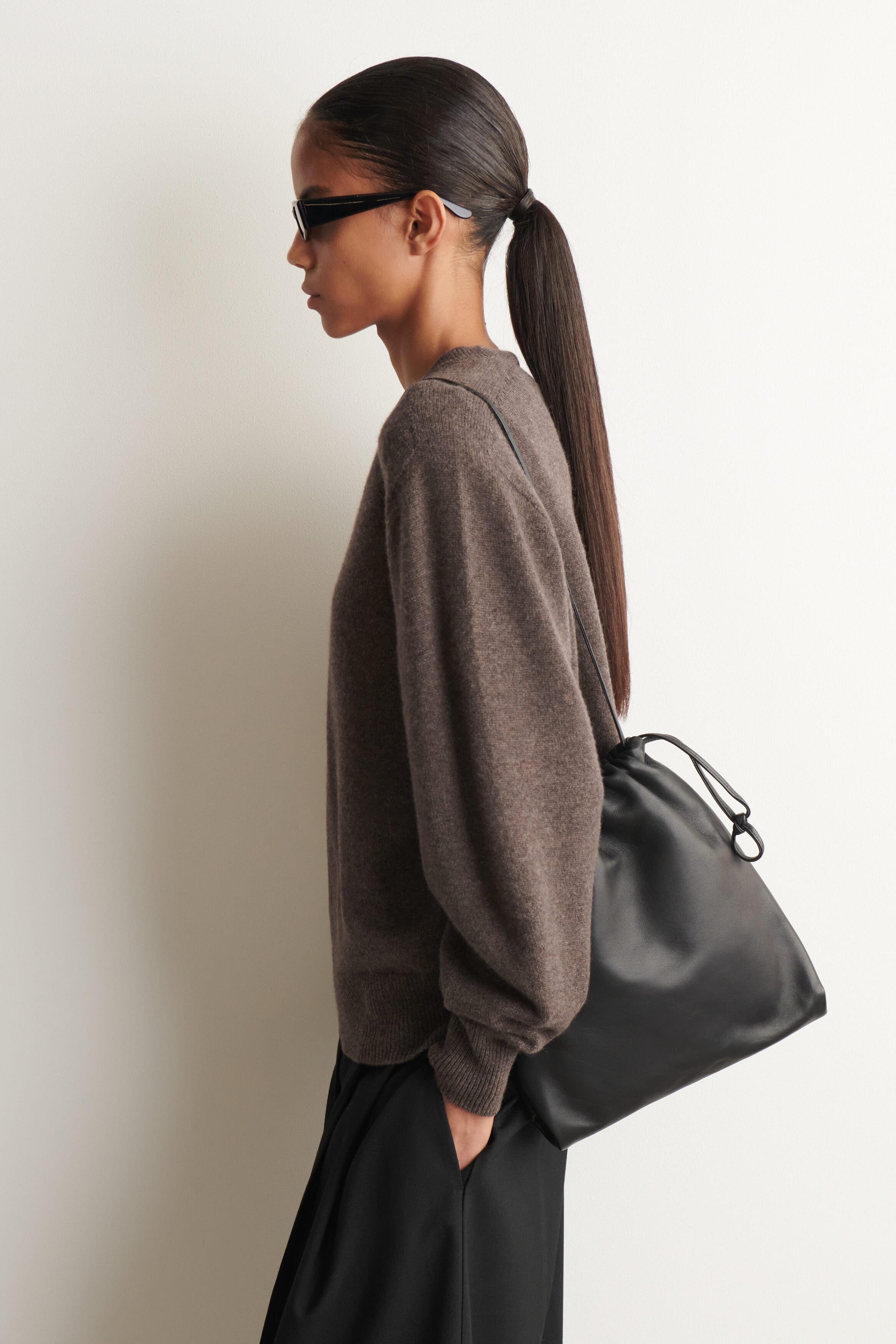 Drawstring Crossbody Bag - Leather, Alternate, color, BLACK