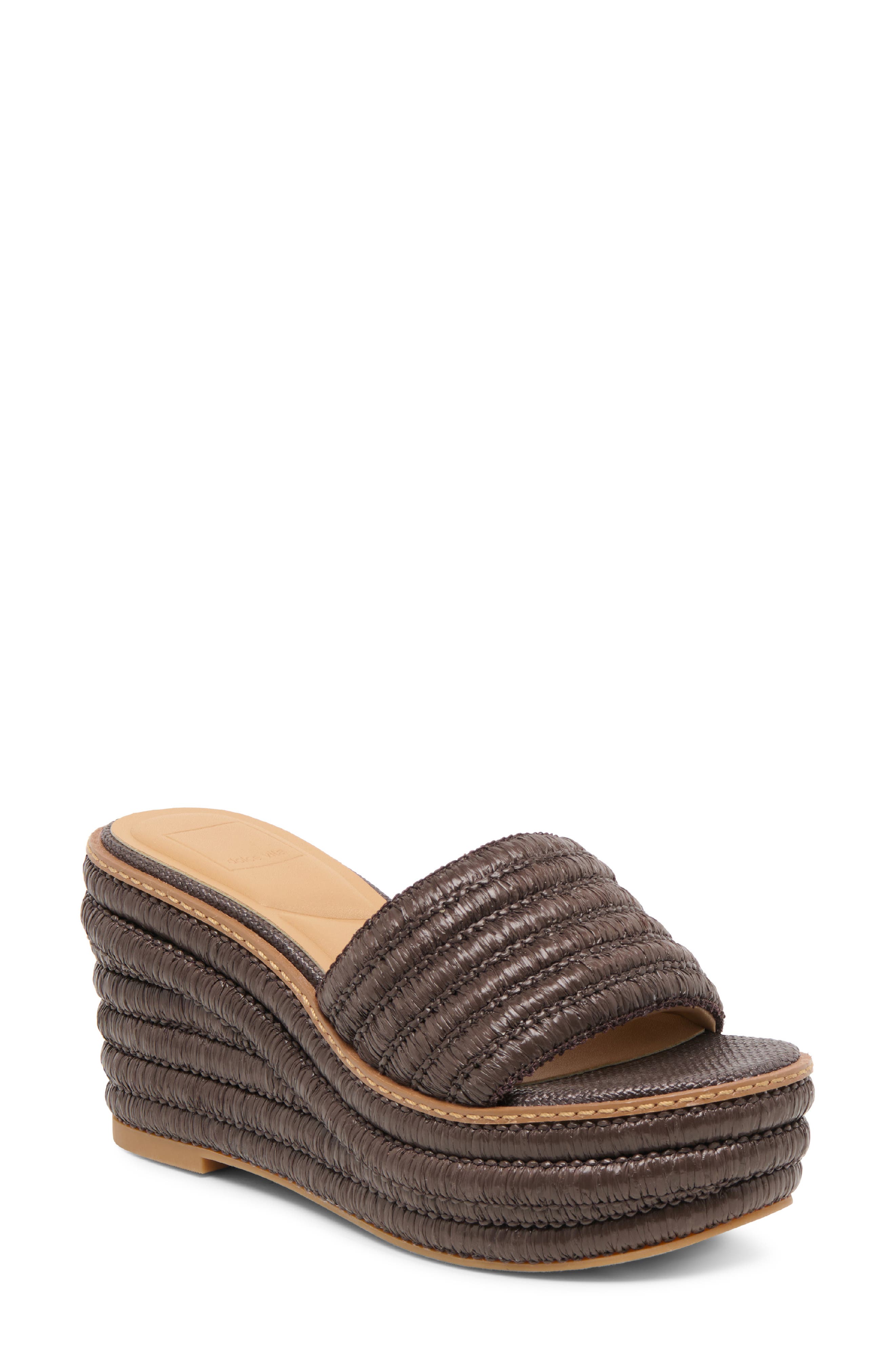Dolce Vita Throne Platform Wedge Sandal, Main, color, Chocolate Woven Raffia