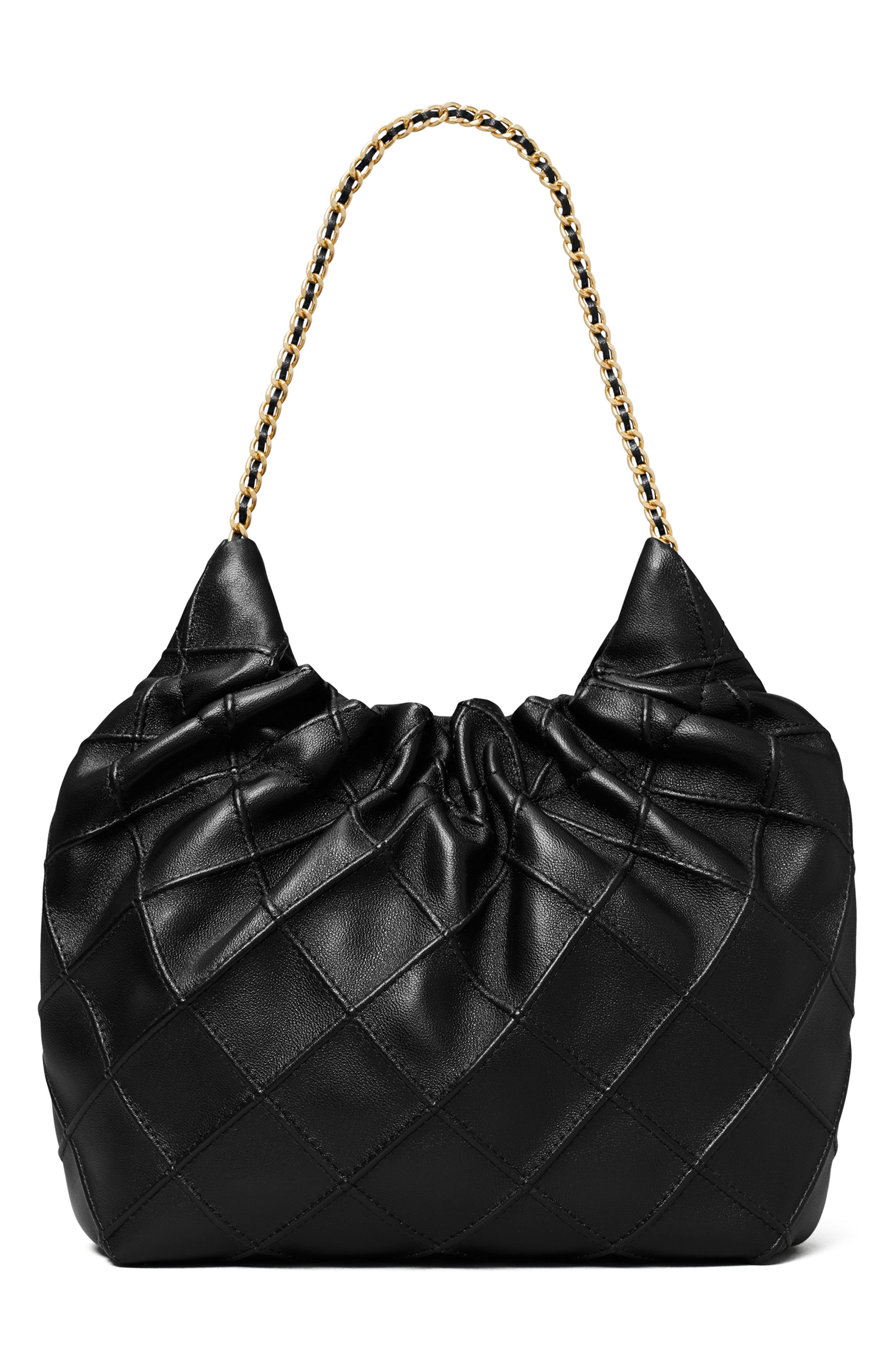 Tory Burch Mini Fleming Quilted Leather Hobo Bag, Alternate, color, Black