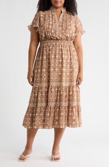 Max Studio Flutter Sleeve Tiered Maxi Dress In Brown