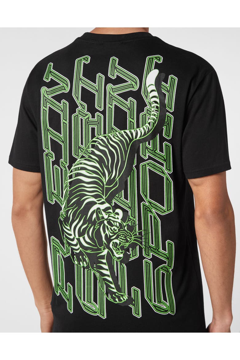 T-Shirt Round Neck Tiger Men, Alternate, color, black+greenfluo