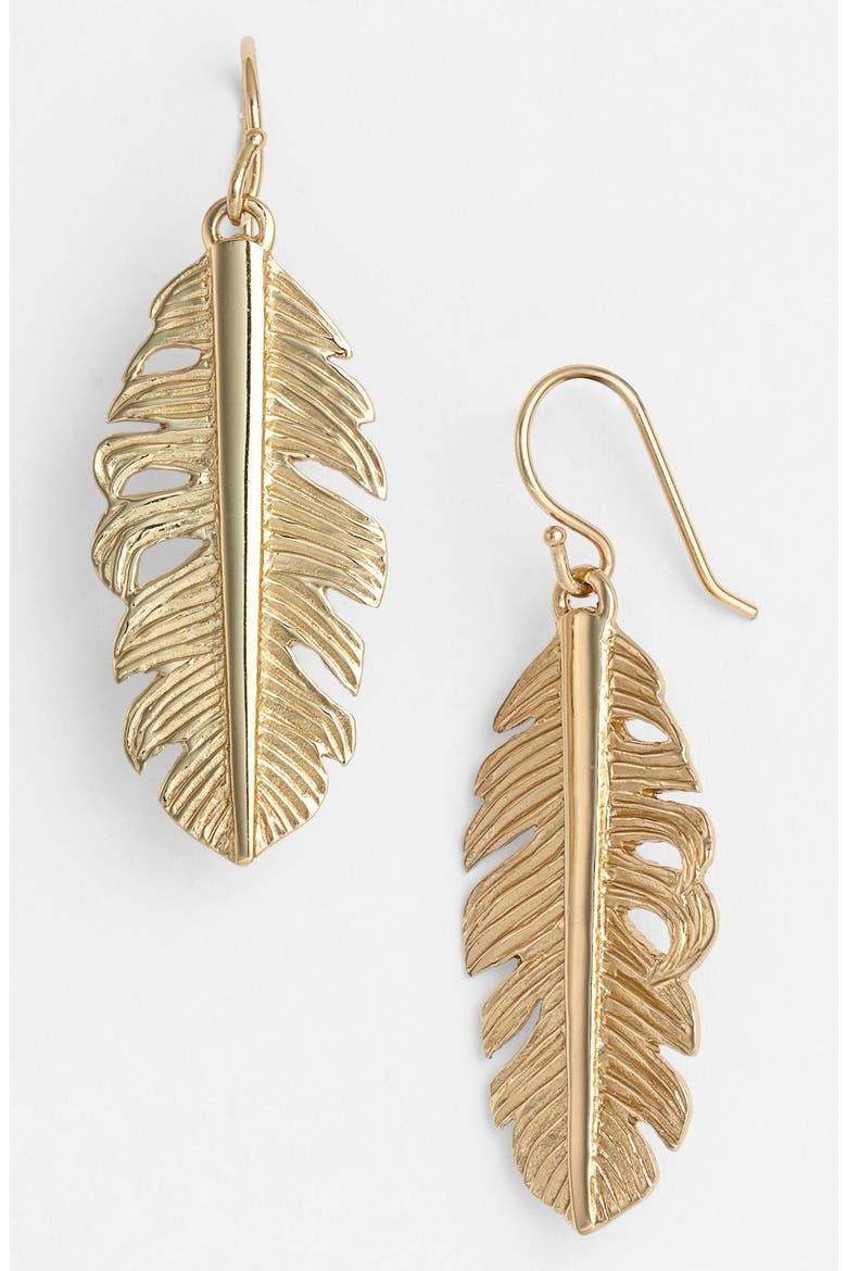 Feather Drop Earrings, Main, color, GOLD
