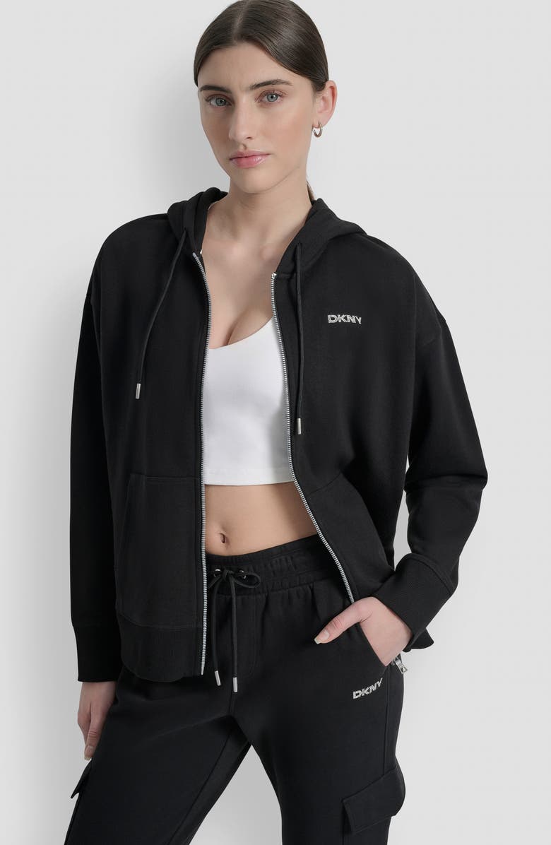 DKNY Mini Stud Logo Full Zip Hoodie, Alternate, color, Black