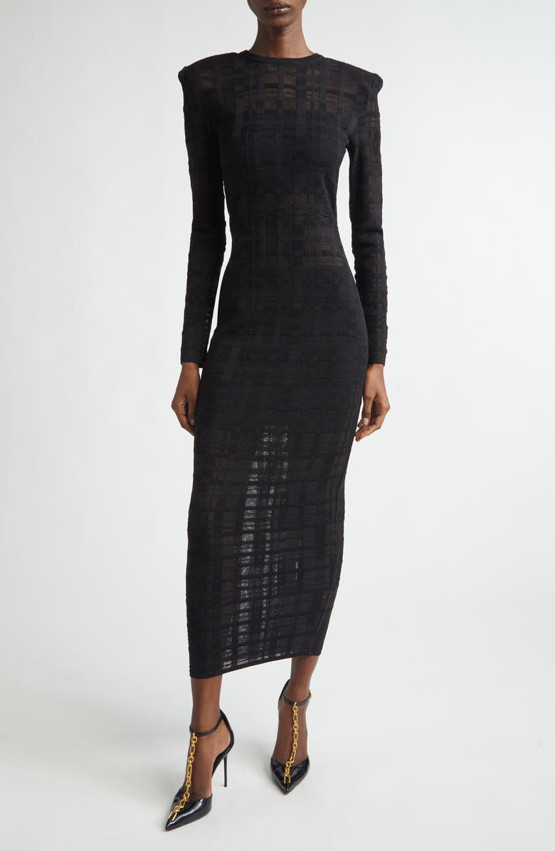 Balmain Tartan Tattoo Long Sleeve Sweater Dress, Main, color, 0Pa Black