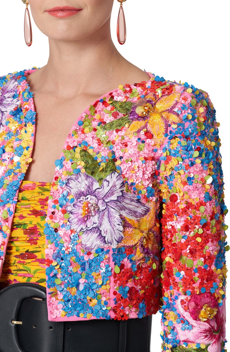 Carolina Herrera Floral Beaded Crop Jacket, Alternate, color, 