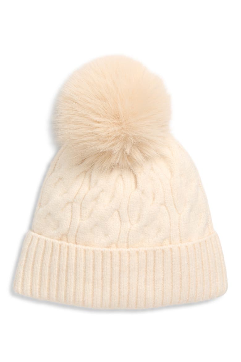 Cable Faux Fur Pom Beanie, Main, color, IVORY