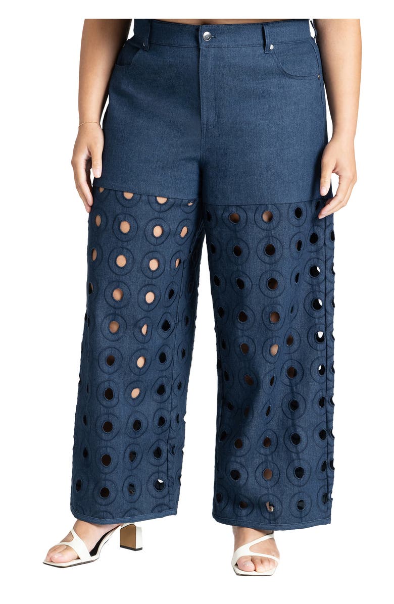 ELOQUII Circular Cutout Denim Pant, Main, color, Dark Wash Denim