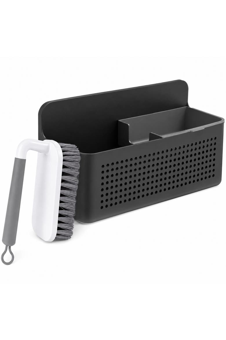 Compact Wall Mounted Sink Organizer Set with Removable Sponge Tray, Ergonomic Scrub Brush, Versatile Kitchen Storage, Main, color, Black