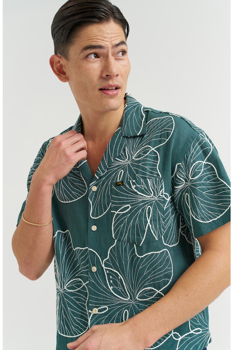 Embroidered Camp Shirt, Alternate, color, ALGAE FLORAL