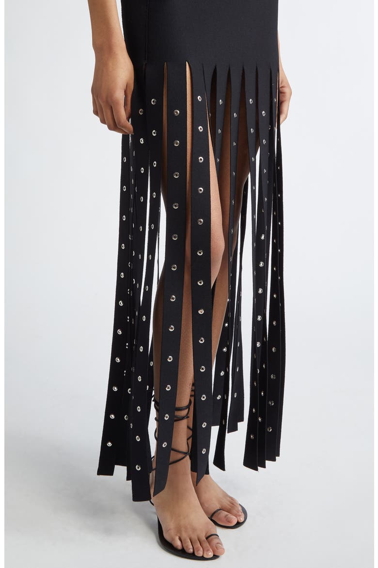Effe Studded Fringe Hem Compact Knit Skirt, Alternate, color, BLACK