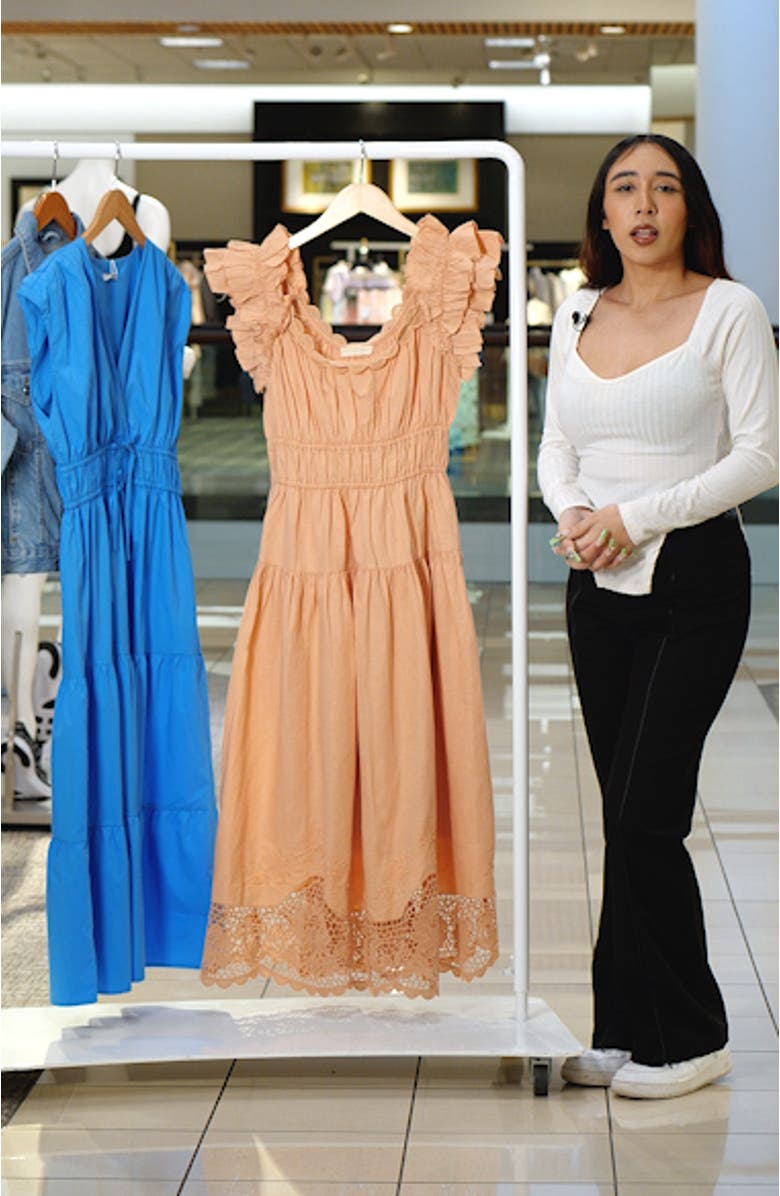 Leona Smocked Ruffle Linen Blend Midi Dress, sales video thumbnail