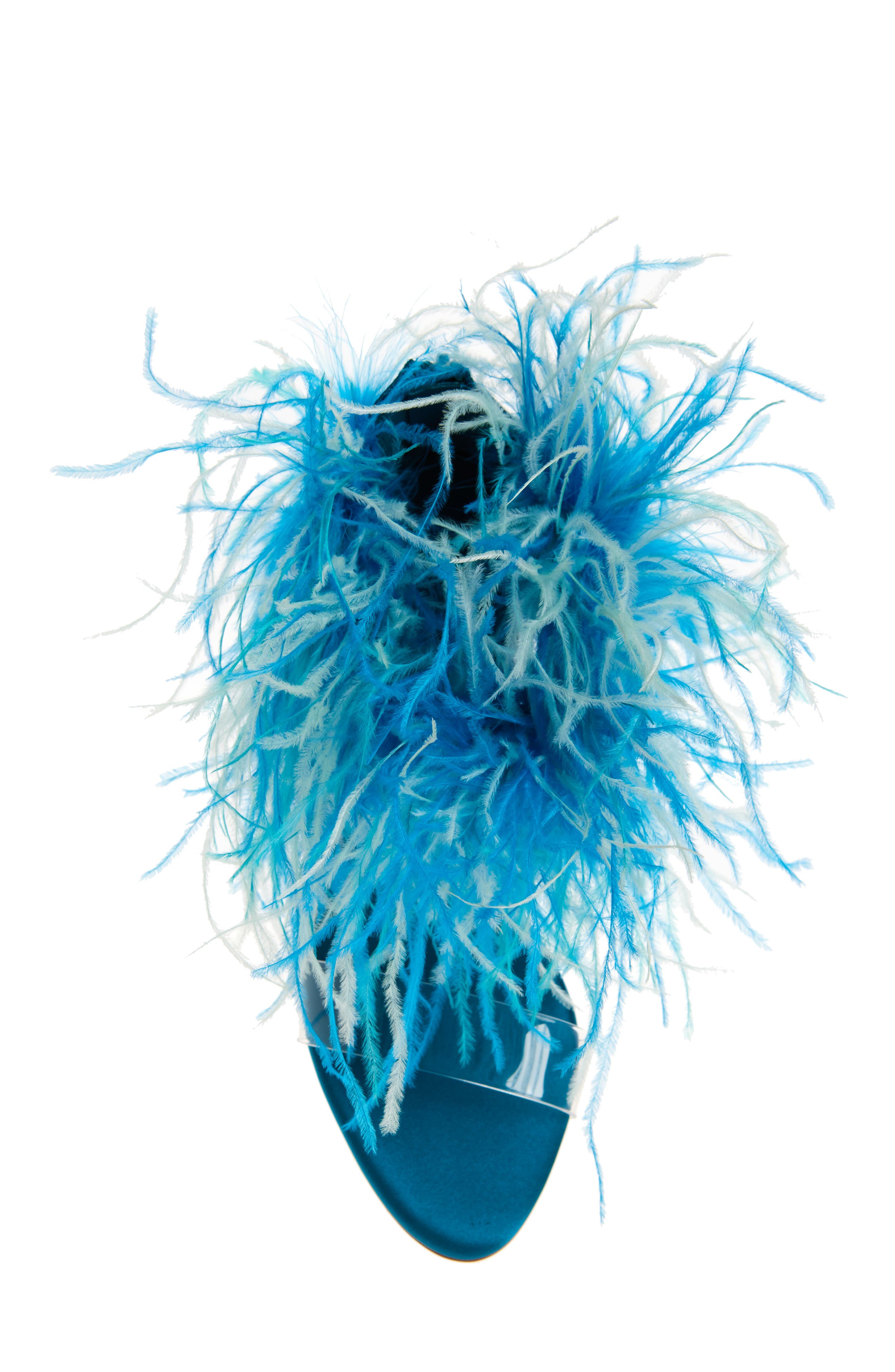 Jeffrey Campbell Bienvenue Feather Ankle Strap Sandal, Alternate, color, Turquoise Satin Combo