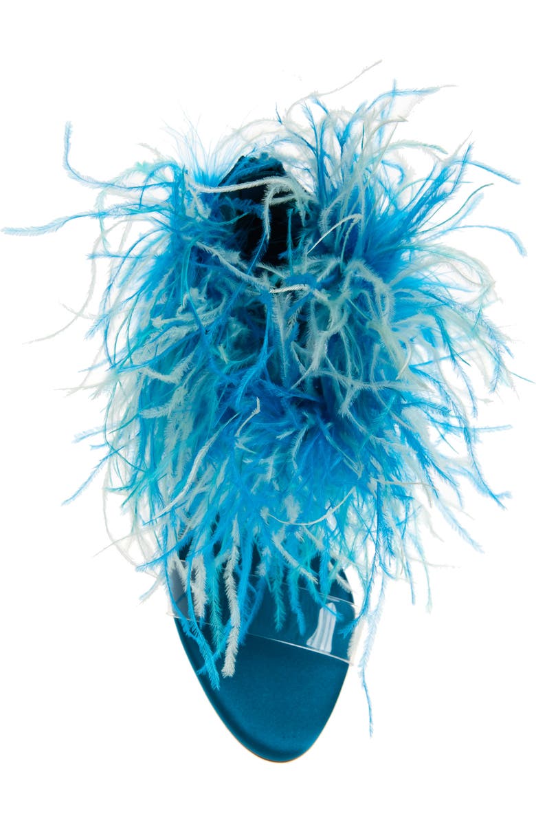 Jeffrey Campbell Bienvenue Feather Ankle Strap Sandal, Alternate, color, Turquoise Satin Combo