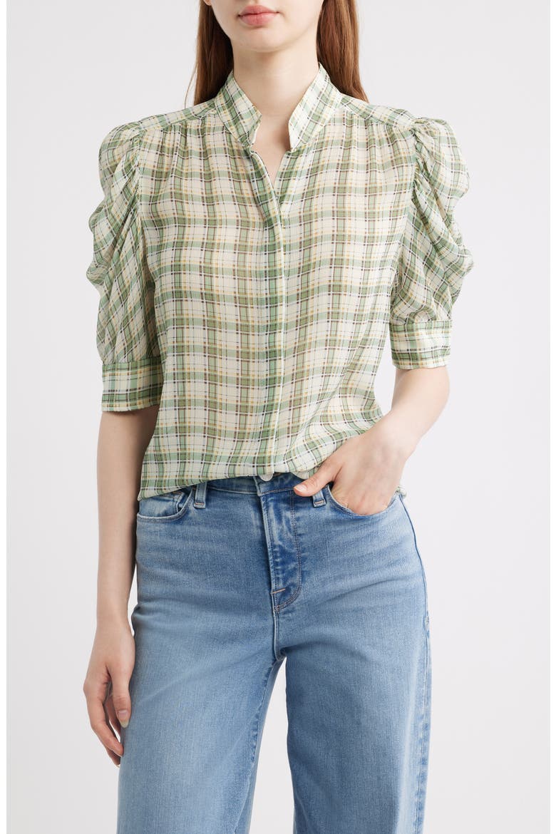 Gillian Check Print Silk Top, Main, color, JADE GREEN MULTI