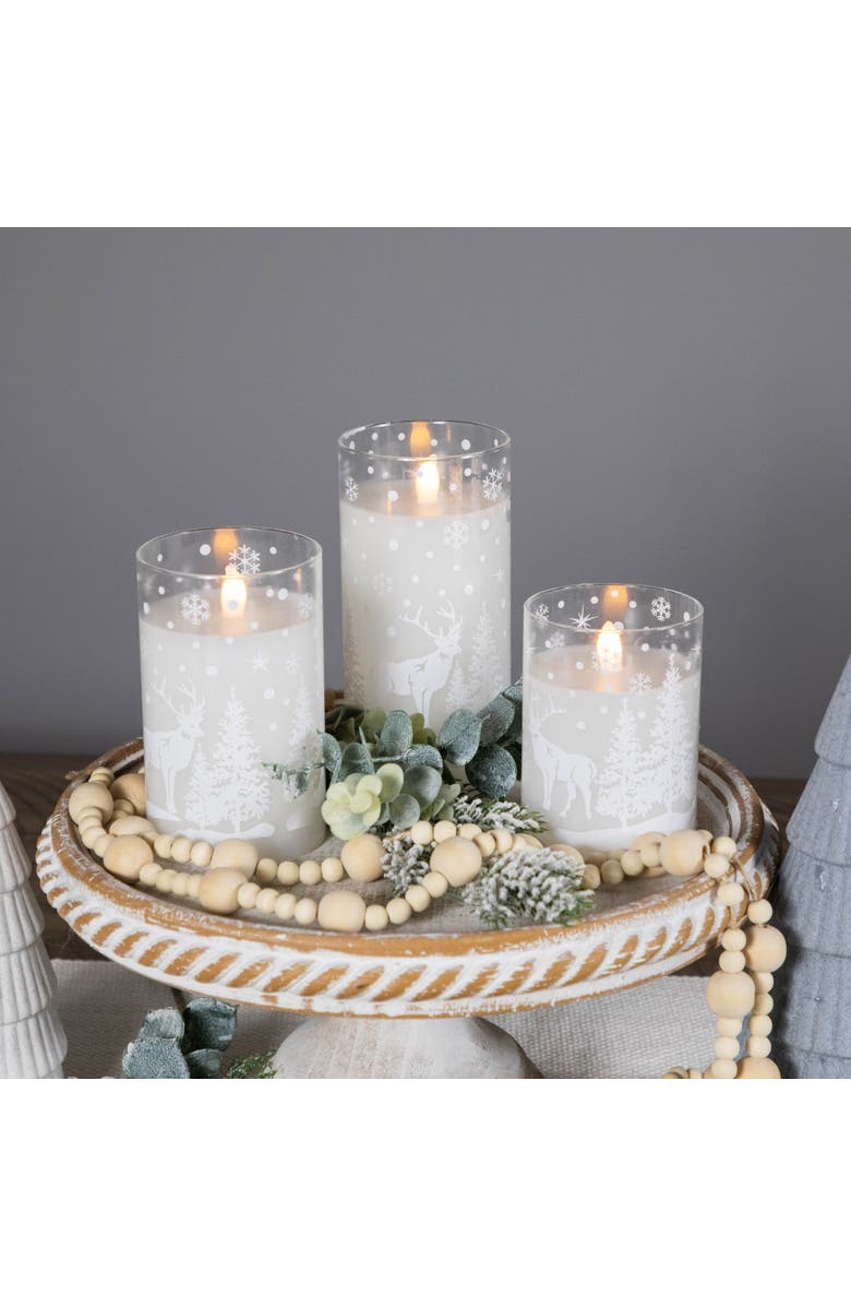 Northlight LED Flameless Flickering Snowy Woodland Glass Christmas Pillar Candles - 6" - Set of 3, Alternate, color, White