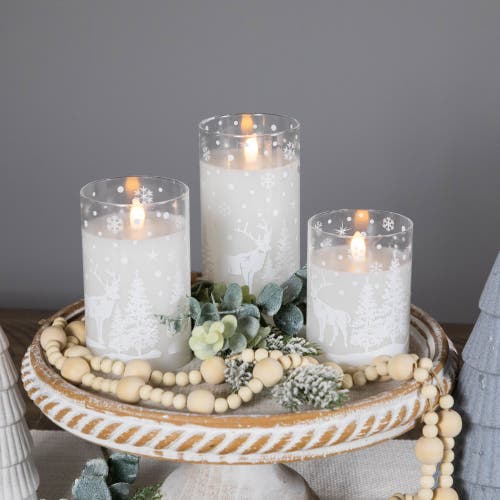Northlight Led Flameless Flickering Snowy Woodland Glass Christmas Pillar Candles In White