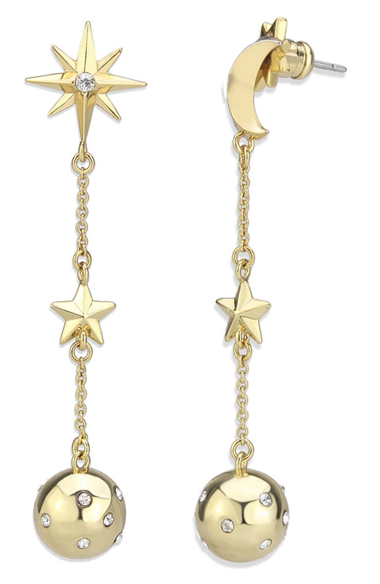 Covet Mismatched Moon & Star Linear Ball Drop Earrings, Alternate, color, Gold