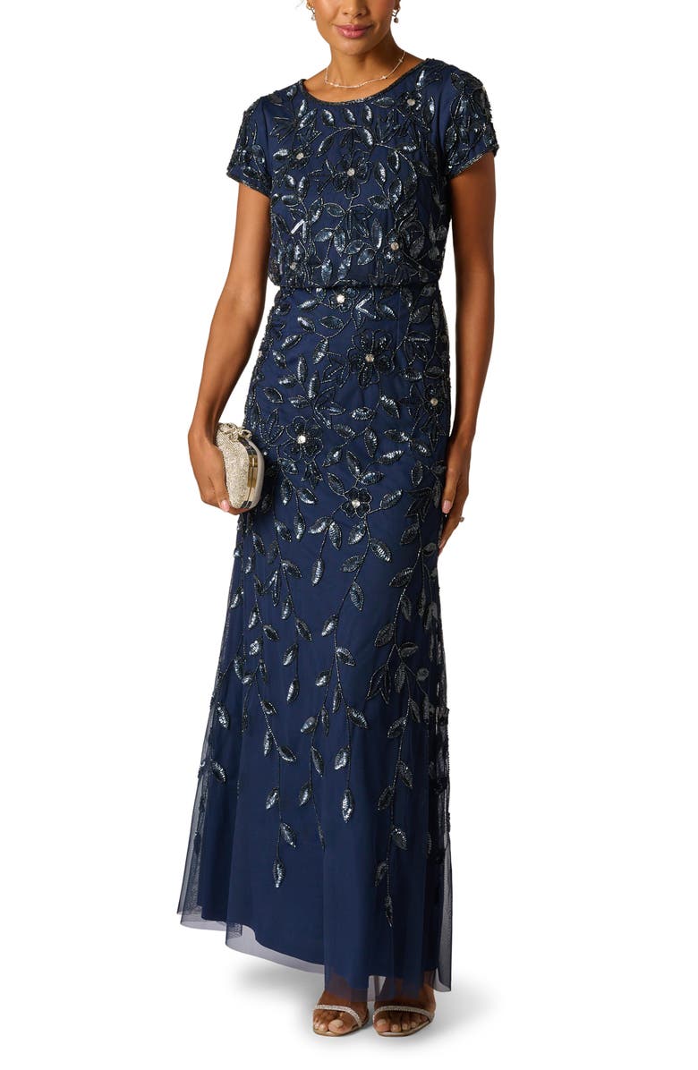 Adrianna Papell Beaded Mesh Gown, Main, color, Light Navy