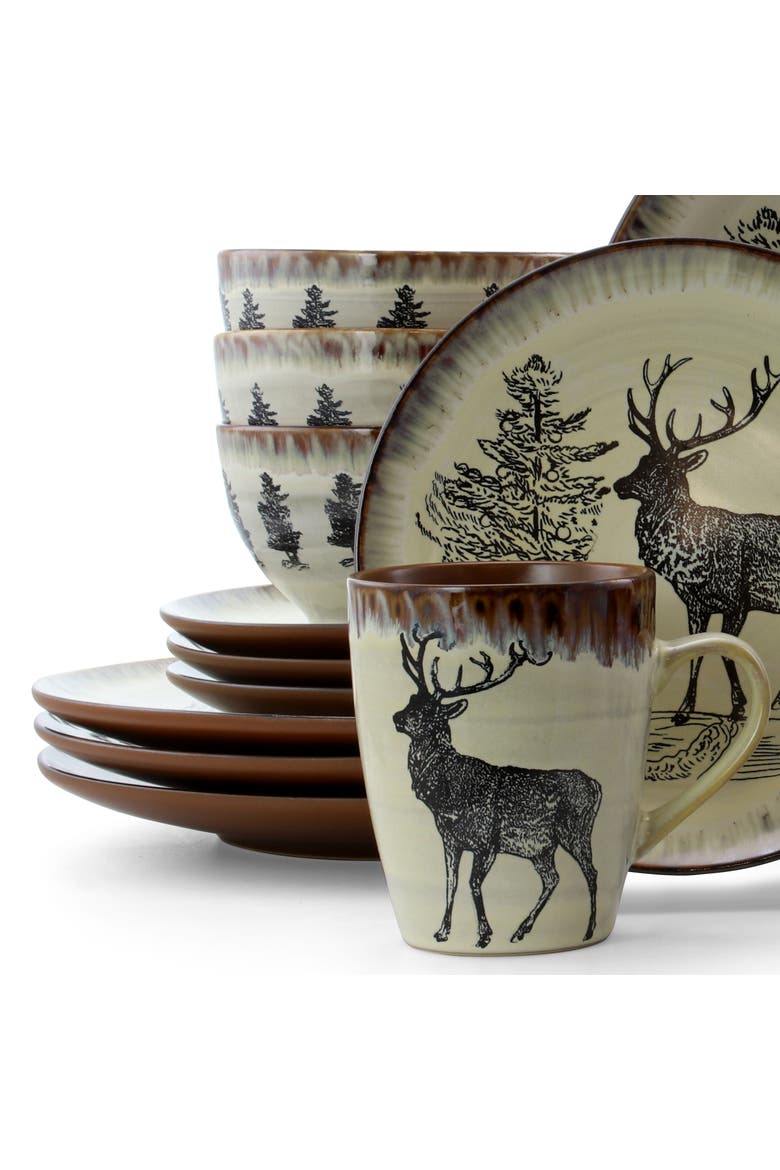Majestic Elk 16 Piece Luxurious Stoneware Dinnerware, Alternate, color, Beige