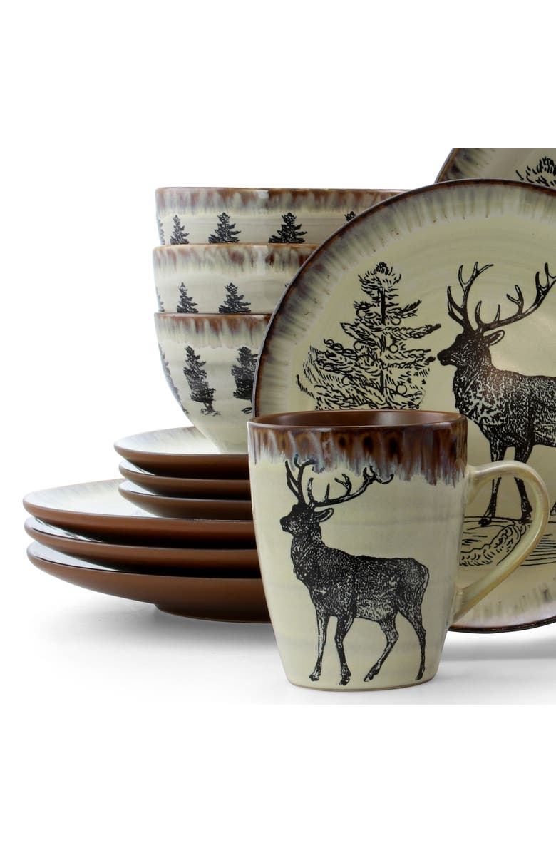 Elama Majestic Elk 16 Piece Luxurious Stoneware Dinnerware with Complete Setting for 4, Alternate, color, Beige