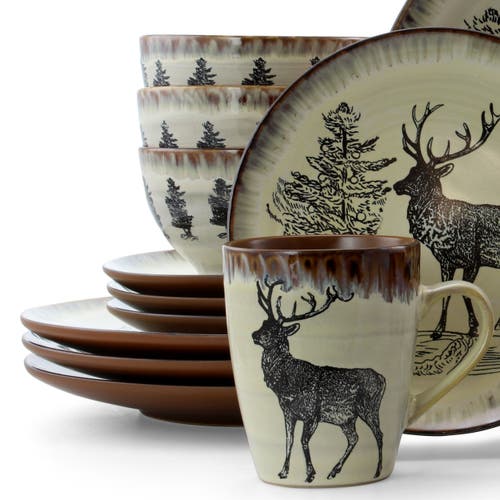 Elama Majestic Elk 16 Piece Luxurious Stoneware Dinnerware With Complete Setting For 4 In Multi