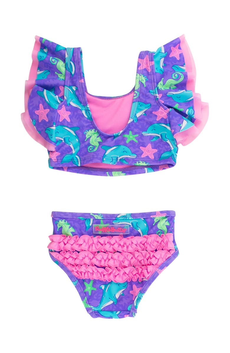 RuffleButts Girls UPF50+ Butterfly Tankini, Alternate, color, Neon Fin Friends