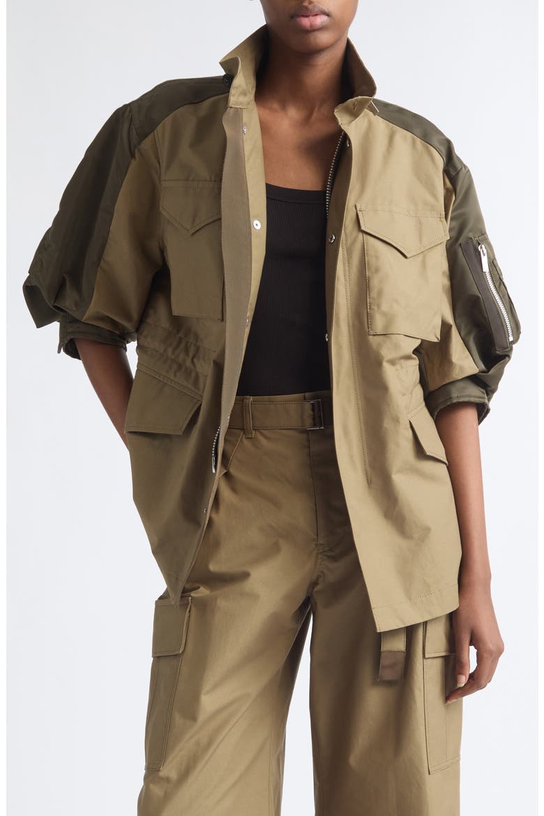Mixed Media Short Sleeve Jacket, Main, color, BEIGE/ DARK KHAKI