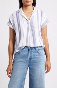beachlunchlounge Arin Stripe Short Sleeve Cotton Shirt