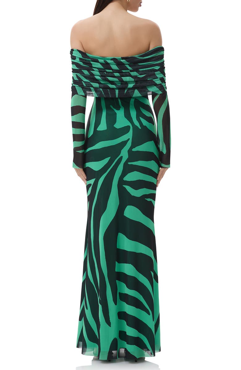 AFRM Thelma Print Off the Shoulder Long Sleeve Mesh Maxi Dress, Alternate, color, Green Zebra